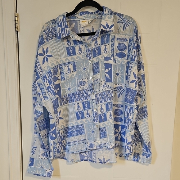 C&C California 100% Linen Shirt Womens XL Blue white geometric Button Up NWT - Picture 1 of 6
